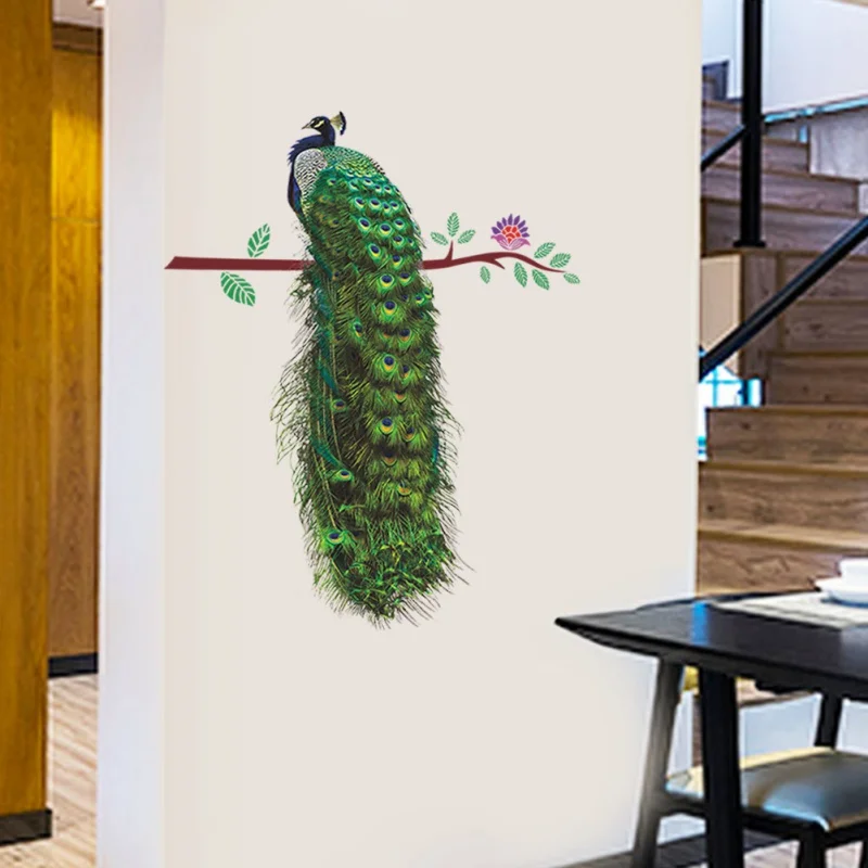 DIY Home 3D Decor Peacock Animals Vivid Wall Decals Home Decor Flower On Branch Feathers Wall ...