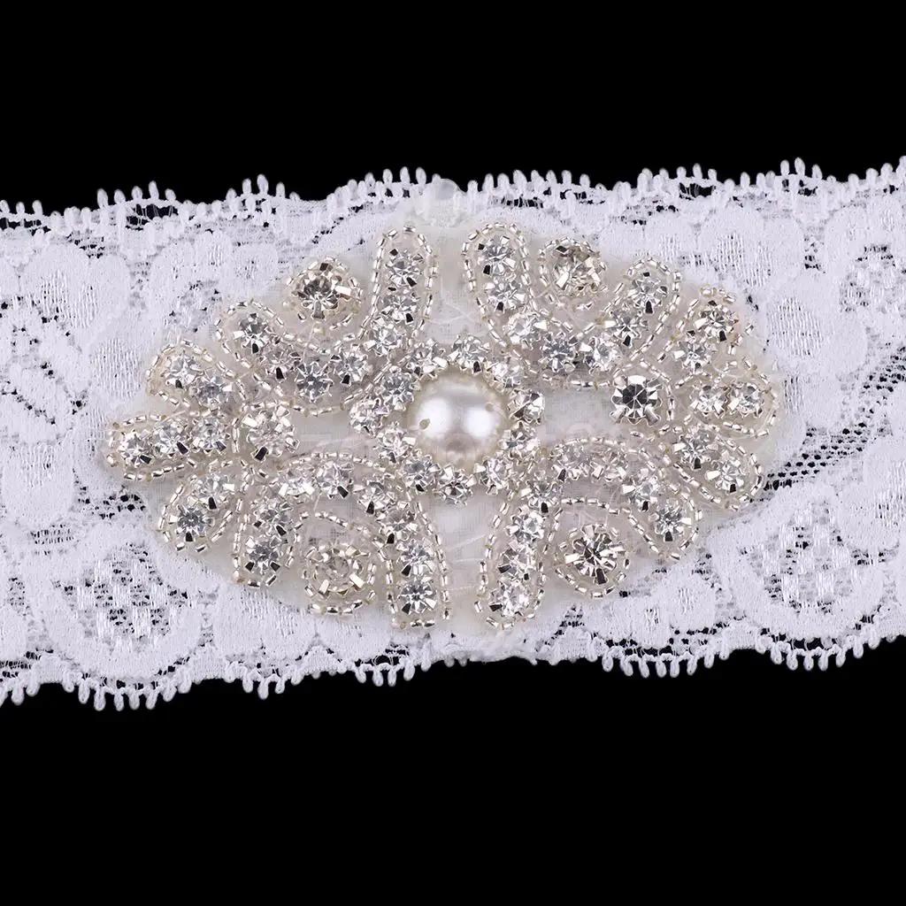 Wedding Bridal Garter Rhinestone Pearls Flower Keepsake Toss Floral Applique Lace Thigh Ring Keepsake