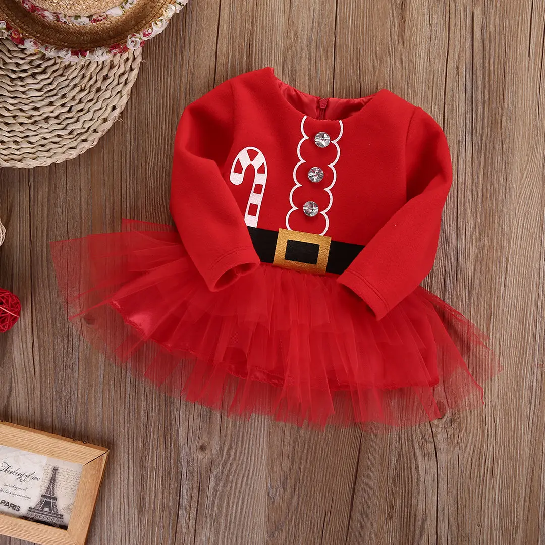 Новогодний для новорожденных для маленьких девочек с длинными рукавами кружевное платье-пачка Санта Клаус платье с фатиновой Юбкой Костюм платья