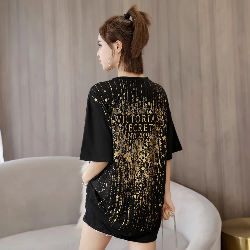

Long T-shirt Backside Foil Printed Women's Short Sleeves 2T Shirt Women Summer Loose Plus Size Clothing INS