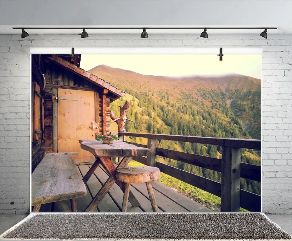 Laeacco деревянный дом скамейка Гора портретная Сцена фотография фоны на заказ