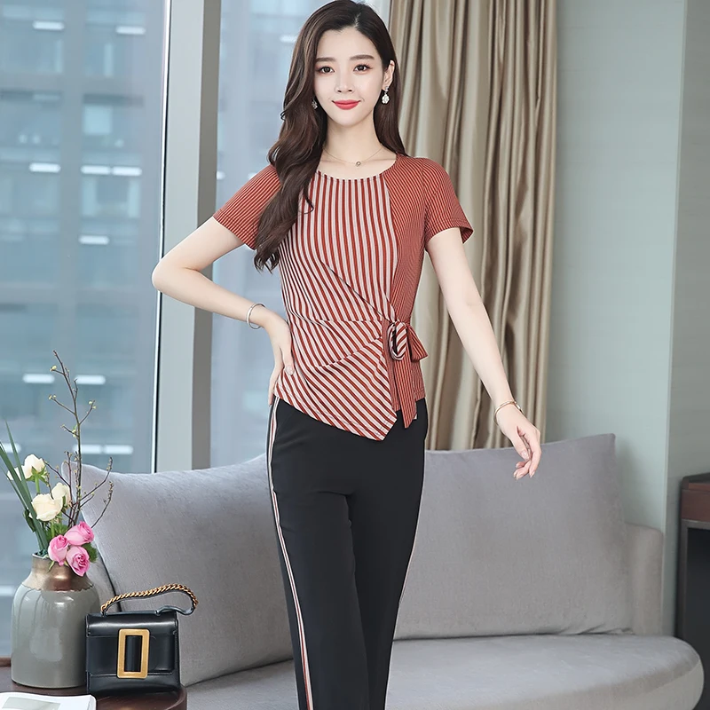 

YICIYA Suit Female Trouser with Stripes Two Piece Set Outfits Tracksuits for Women 2019 Summer Wide Pants and Top Black Clothing