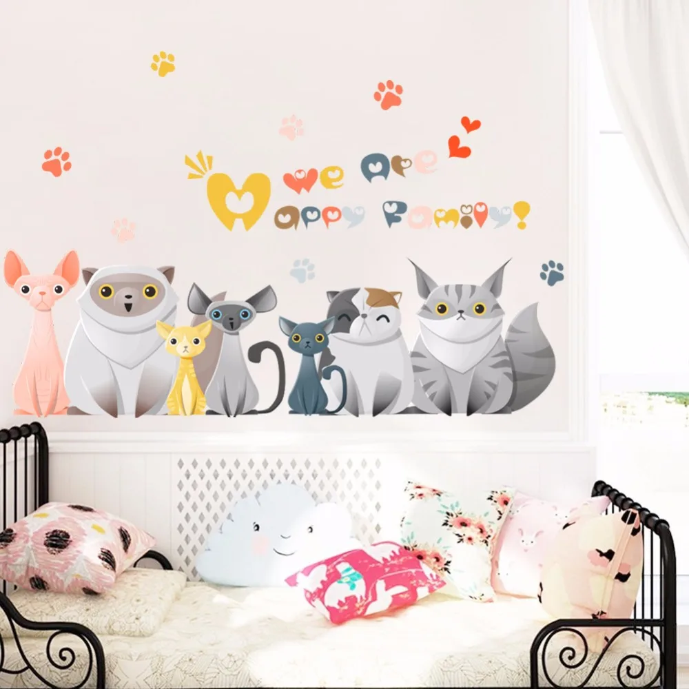 

Nordic Cartoon Cats Wall Stickers for Kids room Living room Bedroom Wall Decor Animals Vinyl Removable Art Mural DIY Decals dc12