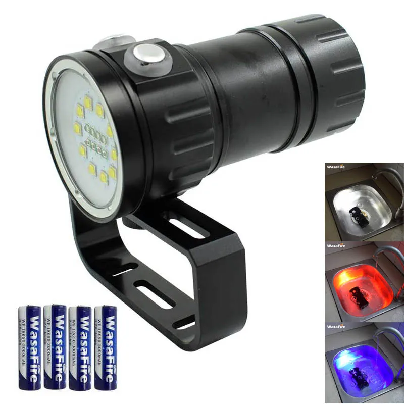 

10*XM-L2 White + 4*Red +4*Blue LED Diving Flashlight Photography Fill Light Underwater Dive Torch Video Photo Lamp 18650 Battery