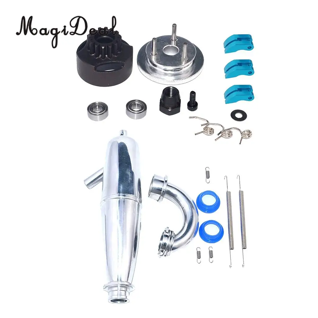 14T Gear Flywheel Assembly Bearing Clutch Bell Shoes Nut Springs+Exhaust Pipe Tubing for HSP Bobao HPI SH Truck 1/8 RC Car