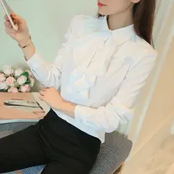 2017 корейский стиль женские офисные Повседневная обувь блузка Для женщин модные элегантные оборками с длинным рукавом белого blusas боди