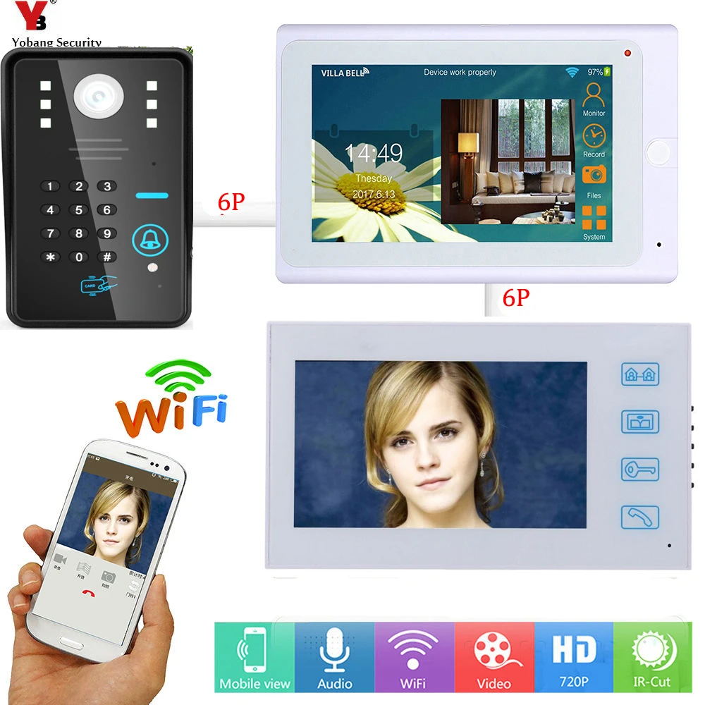 Yobang безопасности 7 "WIFI 1000TVL ИК-камеры домофона Интерком RFID и пароль разблокировки двери контроля доступа с клавиатуры системы дверной