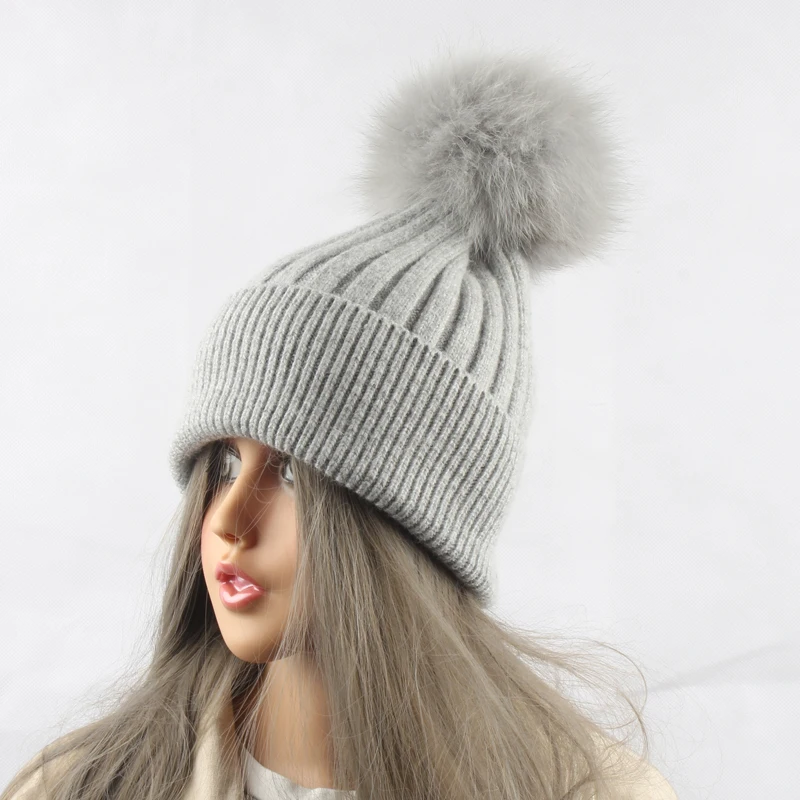 Пушистый настоящий помпон из лисьего меха женская шапка зимние шерстяные шапки в стиле бини полосатые вязаные шапки женская шапка