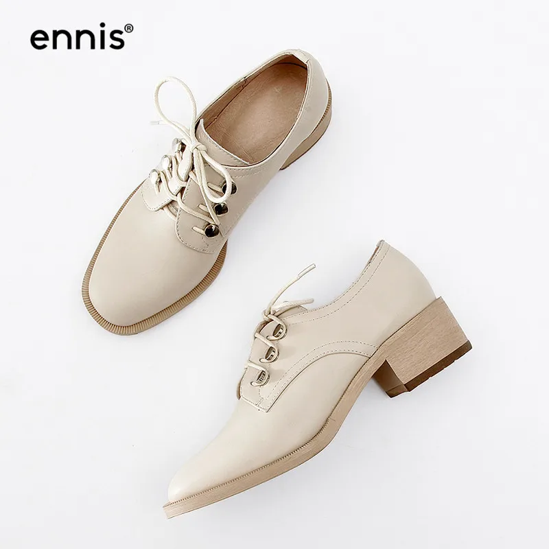 

ENNIS 2019 Genuine Leather Brogue Shoes Women Beige Color Rivet Shoes Med Heel Female Casual Shoes Lace Up Fashion Mules C806