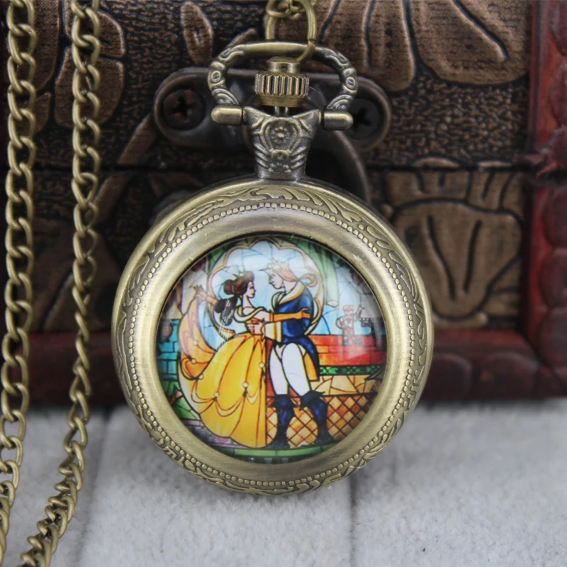 

2016 New Design Beauty and the Beast Pocket Watch Necklace Fob Watch With Chain Necklaces Gift