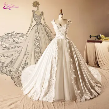 

Waulizane Lustrous Organza Sweetheart Ball Gown Wedding Dresses Beaded Appliques Bow Sashes Lace Up Cap Sleeves Bridal Gowns