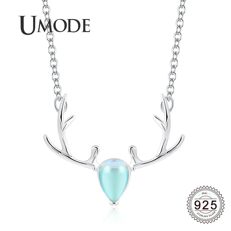 

UMODE 2019 New 925 Sterling Silver Antlers Zircon Diamond Pendant Necklaces for Women Link Chain Deer Silver 925 Jewelry ALN0466