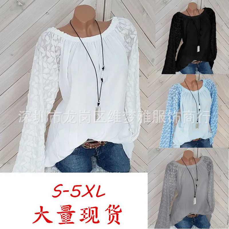 

2019 spring and summer new ladies blouse word collar loose large size lace stitching ladies shirt S-5XL