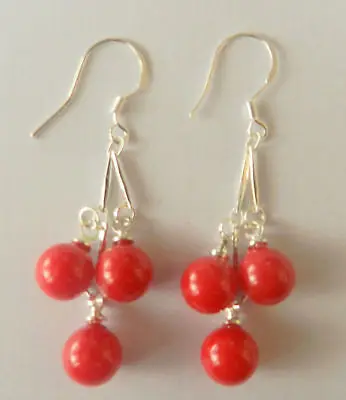 

FREE SHIPPING8MM 3 Beads RED CORAL STERLING SILVER DANGLE EARRINGS JEWELRY