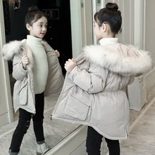 Зимнее пальто для девочек коллекция года, детская одежда плотный Снежный комбинезон с меховым капюшоном зимние куртки для девочек 2 цвета, От 3 до 14 лет