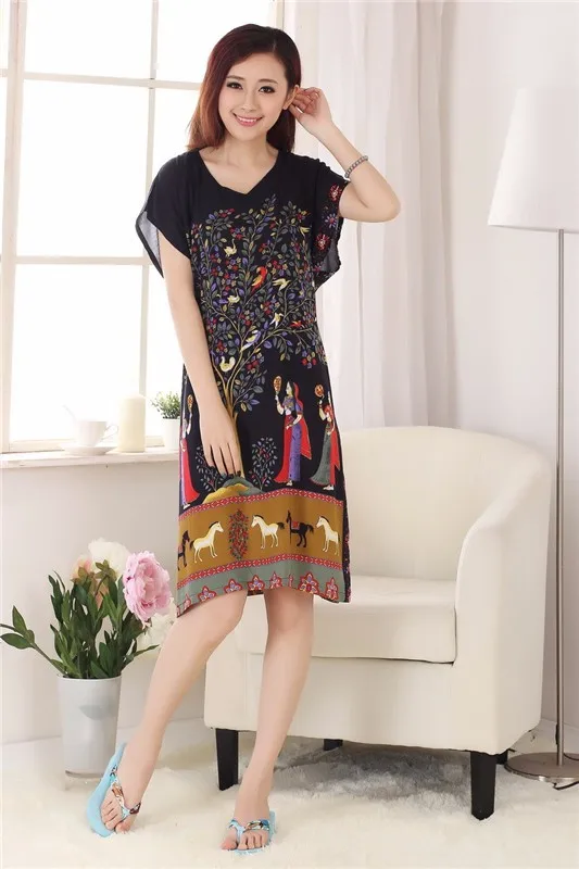 Классический черный китайский Для женщин хлопковый Халат платье Ночная рубашка летние Повседневное домашнее платье пижамы длинные