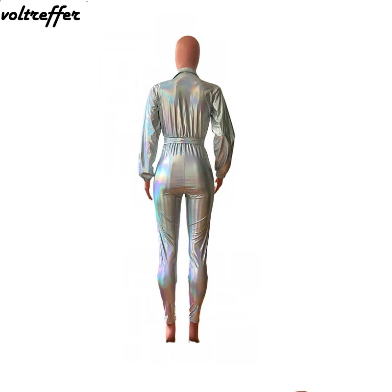 2019 Spring Silver Turn Down Collar Rompers Womens Jumpsuit Reflect Light Streetwear With Sashes Bodycon Bodysuit Sexy One Piece