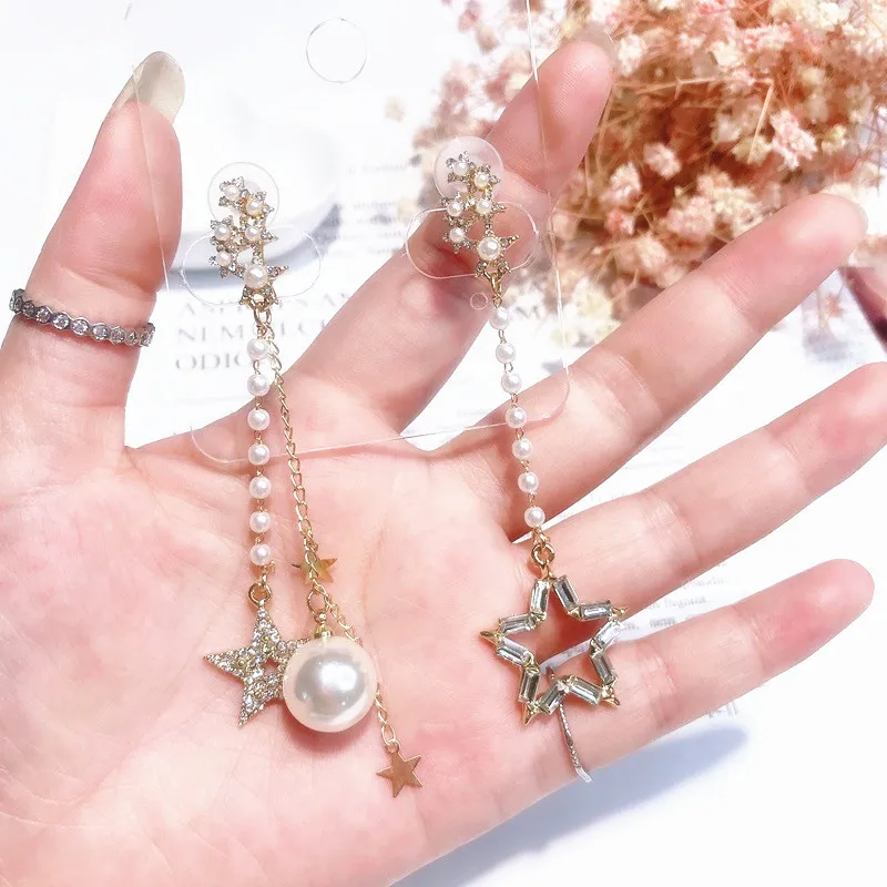 

New Temperament Wild Asymmetrical Five-pointed Star Long Women's Beaded Eardrop Creative Hanging Earrings Fashion Jewelry