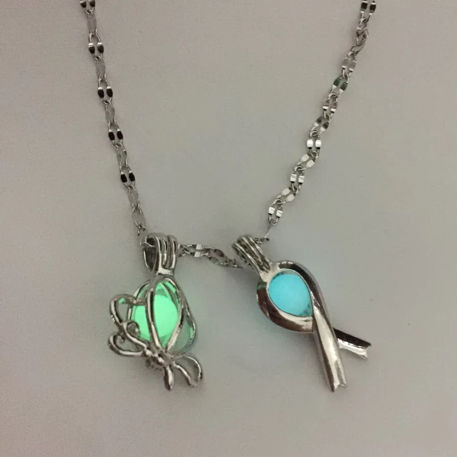 Double Pendant Necklace, "Pink Ribbon" & Butterfly Pendants Glowing