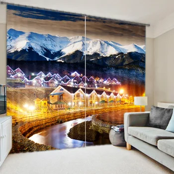 

3D Night Landscape Under The Snow-capped Mountains Window Curtain for Living Room