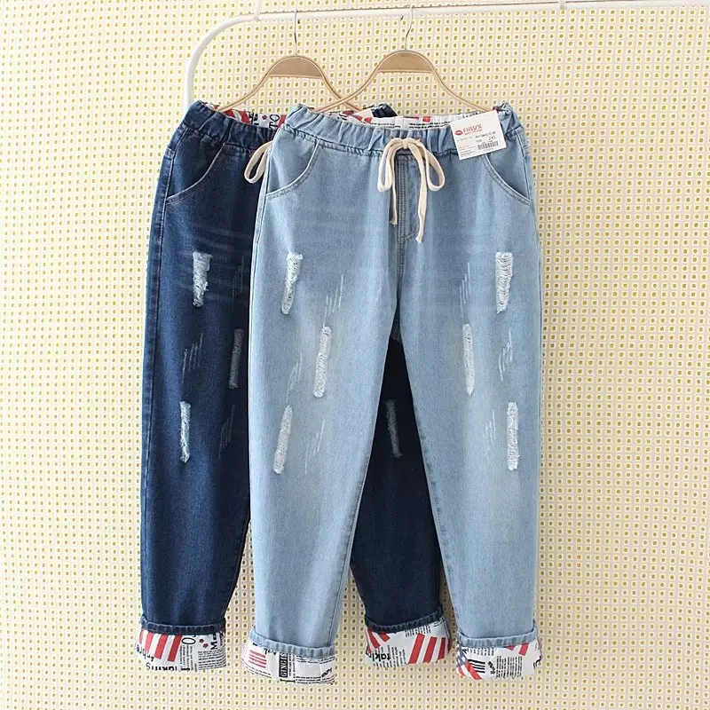 

Plus Size XL-5XL Two Wear Cuffs Jeans For Women New Hole Flexible Ankle-Length Pants Elastic Waist Jeans
