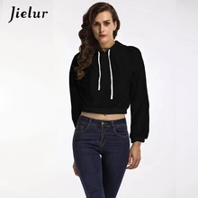 Jielur осень Европа уличная мода с капюшоном Sweashirt для женщин в полоску сплошной цвет укороченный топ длинный рукав пуловер женские толстовки