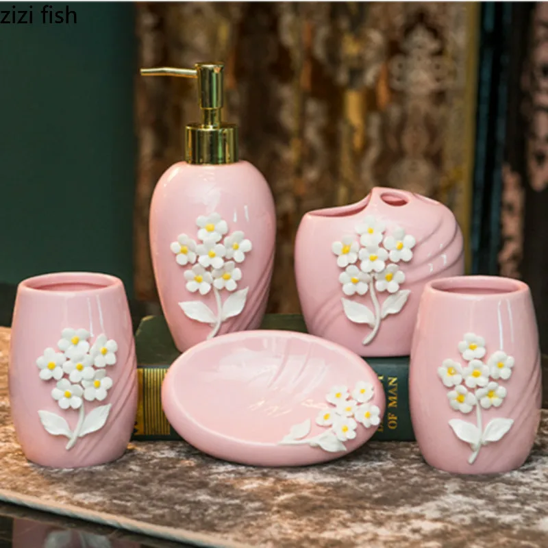 

European Style Pink Ceramics Five-piece Bathroom Set Toothbrush Cup Toothbrush Holder Bathroom Accessories