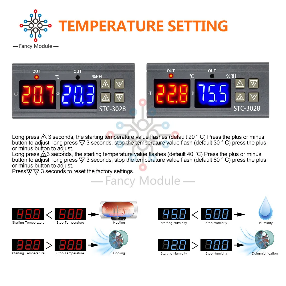 Двойной цифровой регулятор температуры 12V 24V 110 V-220 V STC-3028 10A термостат контроль влажности термометр контроллер гигрометра