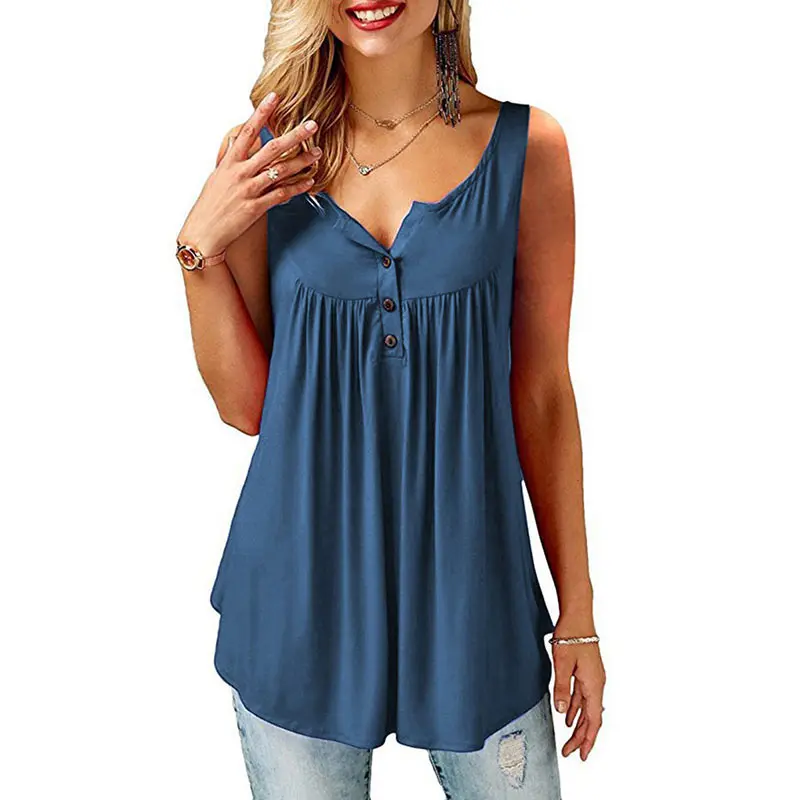 Summer Women'S Casual Tank Top Casual Sleeveless Button Up Split Neck T-Shirt Fashion Plus Size Solid Swing Flowy Tee S-5Xl (4)