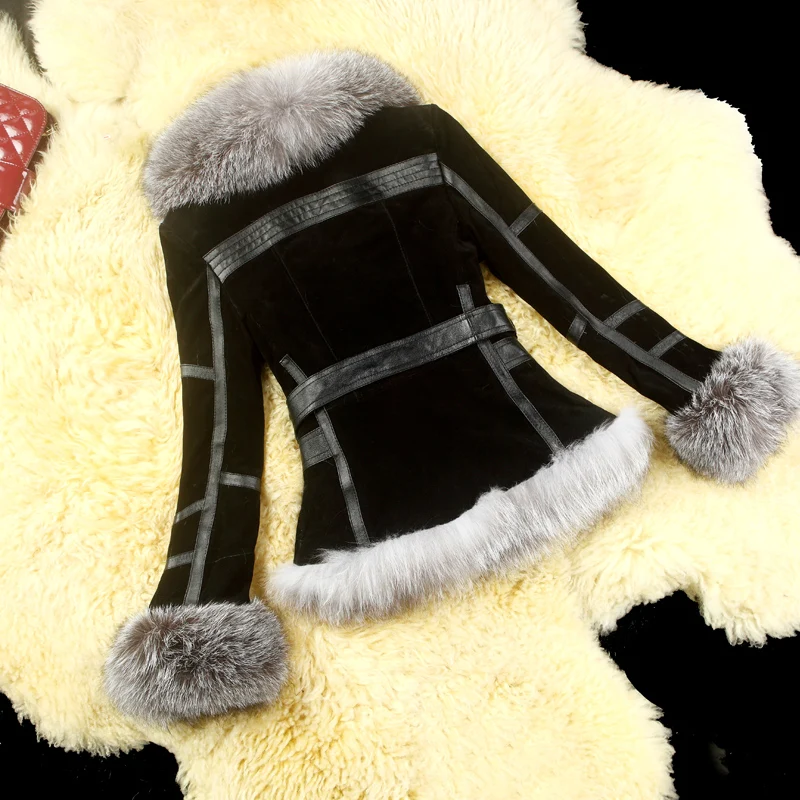 Большой цельный Воротник из меха серебристой лисы, короткая Дизайнерская куртка из натуральной кожи, пальто, Женское зимнее роскошное меховое пальто