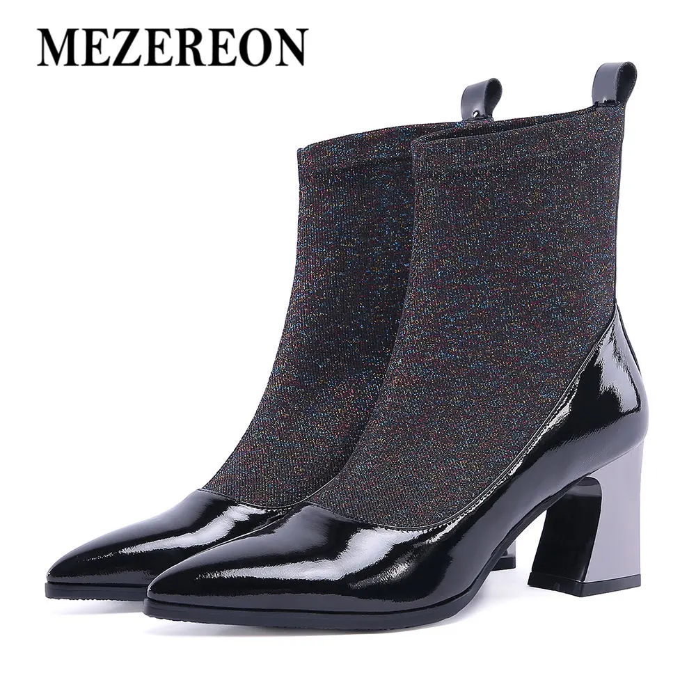 

MEZEREON 2018 New Women Sock Boots Pointed Toe Elastic High Boots Slip On High Heel Ankle Boots Women Pumps Stiletto Botas