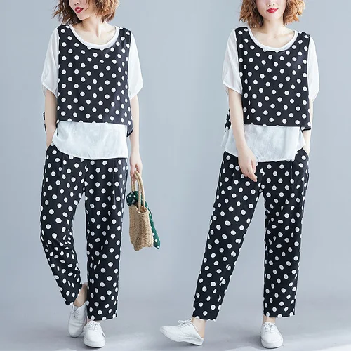 

Large Polka Dot Tracksuit Women Wave Point Two Piece Set Casual Women's Summer Suit Top&pants Set Ensemble Femme Deux Pieces