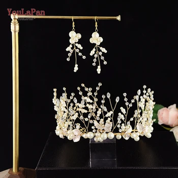 

YouLaPan HP213 Bridal hair accessories with earings Golden headdress alloy leaves wedding crown pearl rhinestone wedding tiara