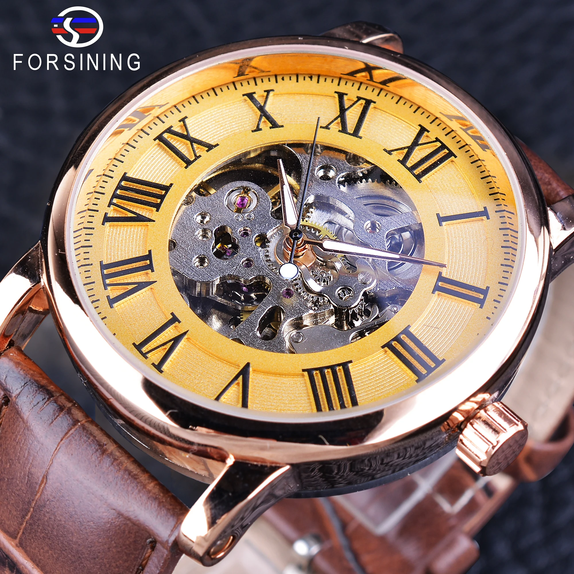 

Forsining Roman Classic Retro Golden Skeleton Brown Band Men's Mechanical Wristwatch Top Brand Luxury Luminous Hands Clock Male