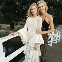 Новое поступление, женское платье,, белые кружевные вечерние платья с расклешенными рукавами и оборками+ костюм