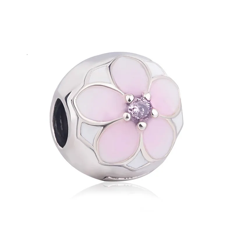 

925 Sterling Silver Bead Charm Enamel Magnolia Bloom Fixed Clip Clip Lock Stopper Beads Fit Pandora Bracelet & Necklace Jewelry