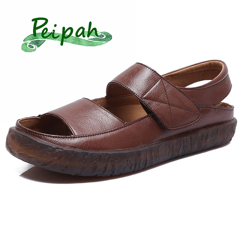 

PEIPAH Summer Women Sandals Genuine Leather Vintage Flat Sandals For Woman Hook & Loop Summer Sandals Mother Shoes