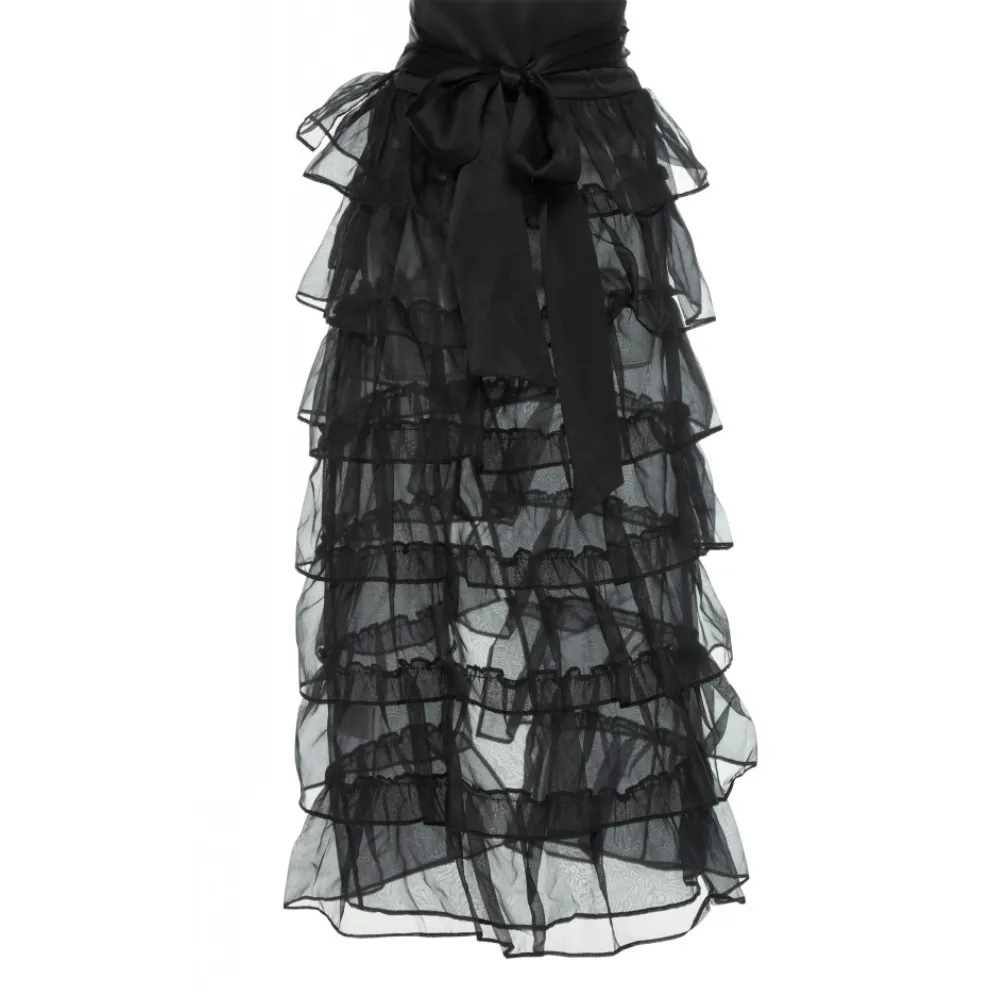 

Chic 2018 Black Ruffles Tiered Tulle Wrap Skirts For Lady High Waistline Bow Cool Fashion Ankle Length Sheer Tulle Skirt Women