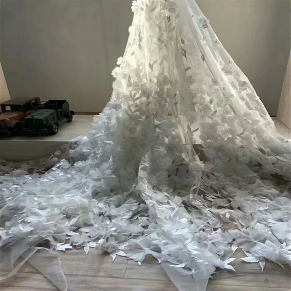 

Off white embroidered tulle lace 3D lace fabric with flowers, embroidered lace fabric with 3D flowers bridal Lace Fabric X207-2
