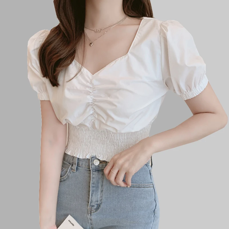 

shintimes Short White Shirt Women Black Blouse V-Neck Korean Fashion Clothing Womens Blouses And Tops Summer 2019 Chemise Femme