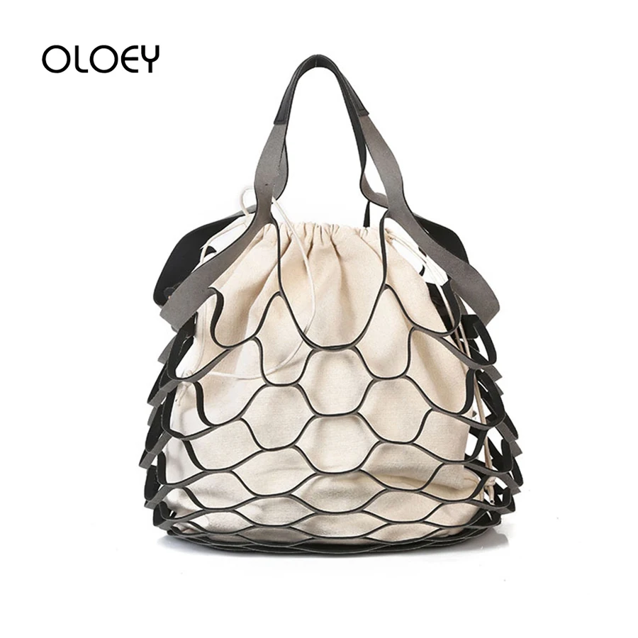 

Summer Women's Bucket Bag Hand-woven Hollow Out Mesh Shoulder Handbag Shopping Bag Vintage Knitting Large Capacity Beach bag