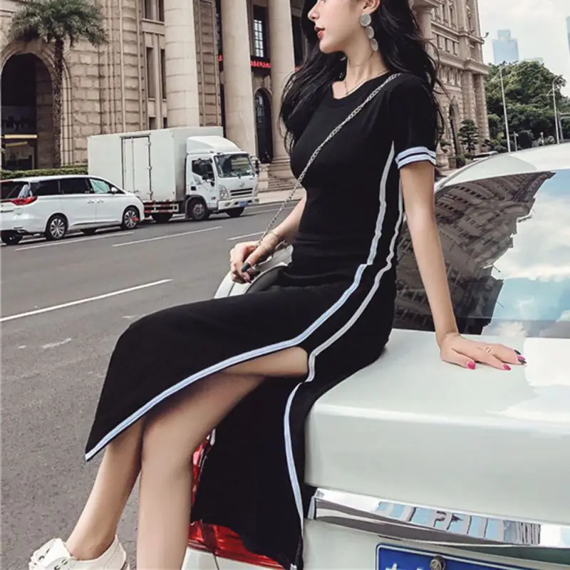 

2019 Female Sexy Backless Slim Waist Dress Vestidos Verano Mujer Women's O Neck Short Sleeve Side Striped Split Dresses