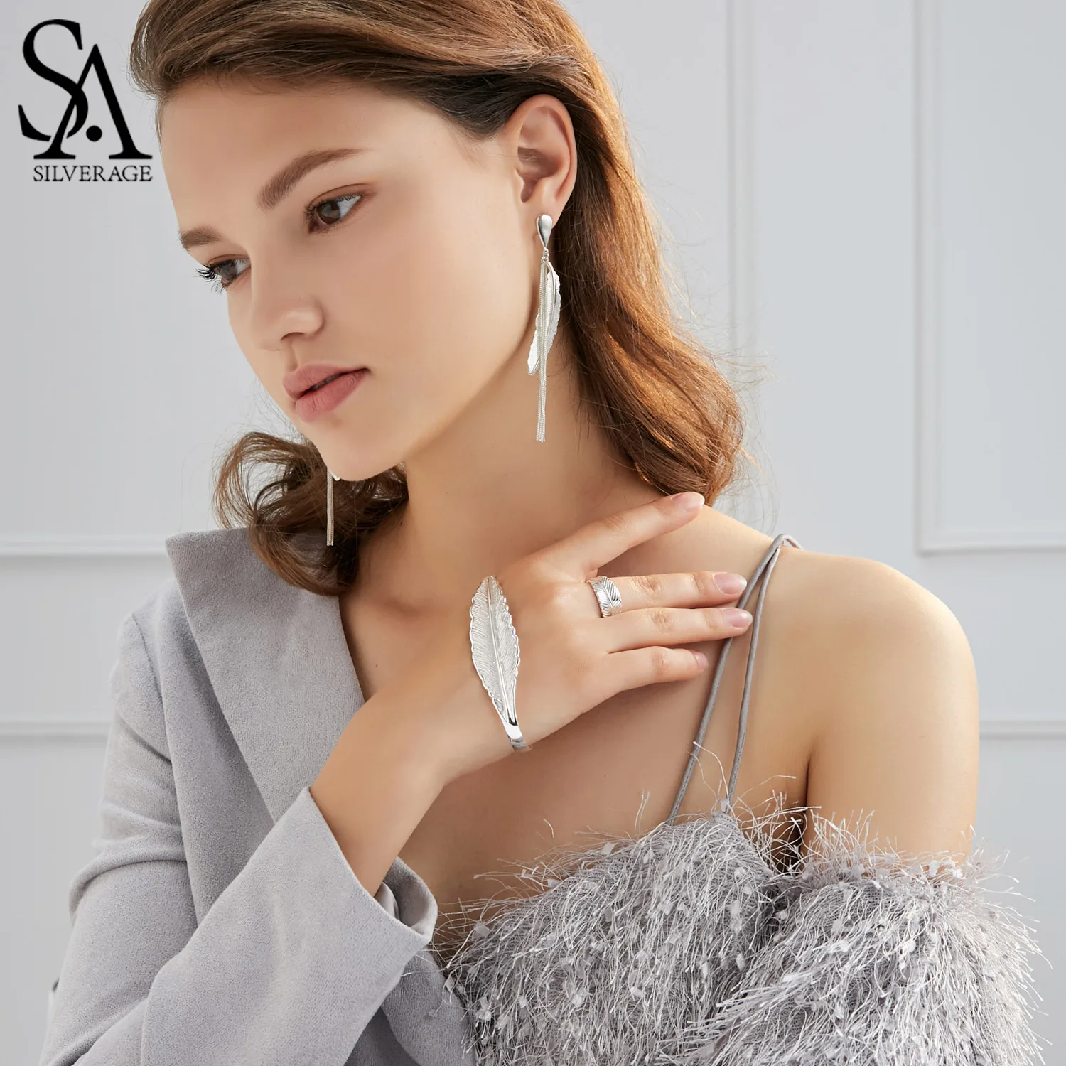 

SA SILVERAGE Real 925 Sterling Silver Feather Palm Bracelet for Woman Exquisite 925 Silver Girls Bangles Brand Jewelry Gift