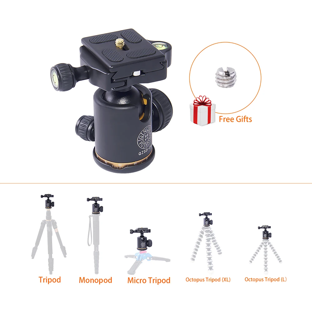 

QZSD Q06 Aluminum Tripod Ball Head With Quick Release Plate & Two levels Max Load 6KG Camera Tripod Beike
