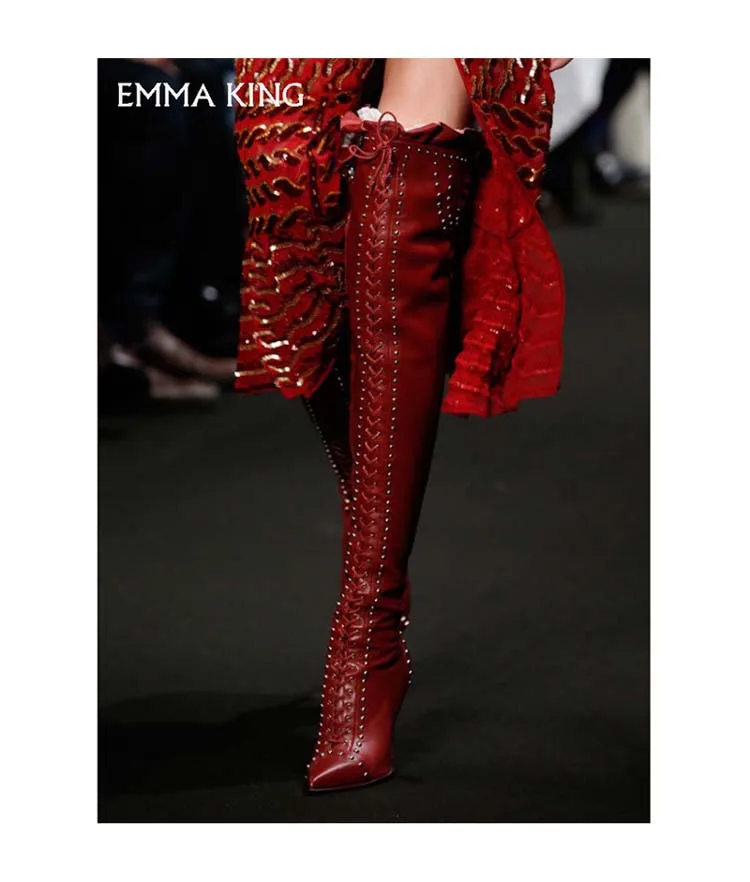 

Fashion Sexy Over The Knee Winter Women Boots Pointed Black High Heel Stiletto Buckle Rivet Cross Straps solid Shoes Women Party
