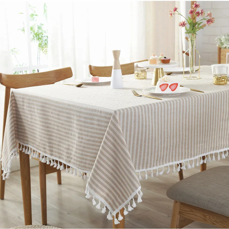 thumbnail image 1 of CFen-Mantel rectangular de algodón y lino con estampado A rayas, cubierta de mesa con borlas para el hogar, cocina, banquete, 1 unidad, 1 of 4
