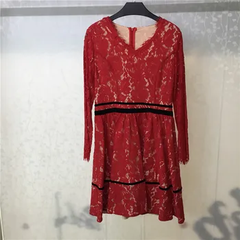 

Red Lace Dress Women Elegant Long Sleeve Dresses Casual 2019 New A-Line Ladies Dresses Vestidos