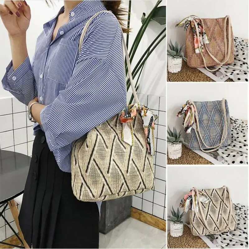 

Womens Ladies Straw Bag Retro Rattan Handbag Woven Summer Beach Shoulder Bags