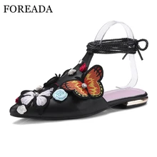 FOREADA/Женская обувь из натуральной кожи на плоской подошве; коллекция года; Летние повседневные туфли с бабочками и цветами; черные туфли на плоской подошве с острым носком на шнуровке; цвет розовый