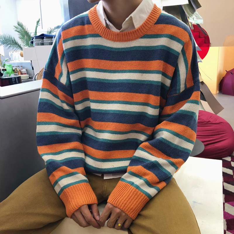

Fashion Casual Men's Sweater Spring And Autumn New M-XL Stripe O Neck Wild Loose Pullover Blue Orange Personality Youth Popular